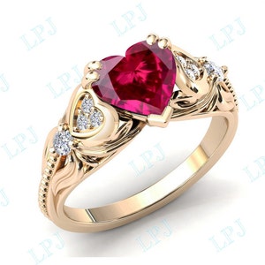 Heart Shape Ruby Engagement Ring for Women Art Deco Ruby Bridal Ring ...
