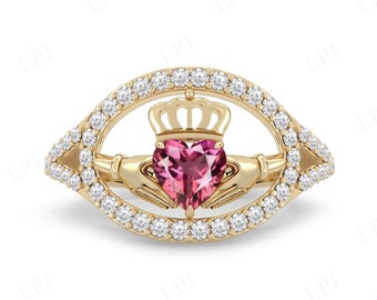 Pink Tourmaline Claddagh Ring For Women 14k Gold Pink Tourmaline Engagement Ring Antique Halo Style Wedding Ring Unique Claddagh Bridal Ring