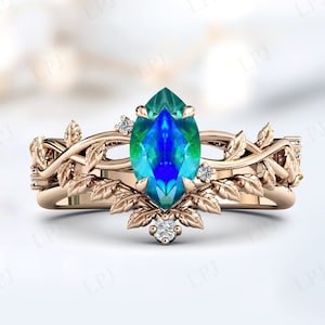 Marquise Cut Peacock Quartz Wedding Ring Set Vintage Leaf Style Bridal Ring Set Green Blue Gemstone Ring Set Art Deco Engagement Ring Set