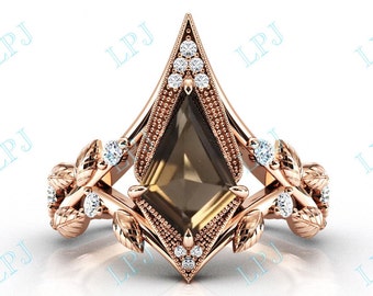 Smoky Quartz Leaf Engagement Ring Kite Shape Smoky Quartz Art Deco Wedding Ring Antique Smoky Quartz Vintage Bridal Anniversary Promise Ring