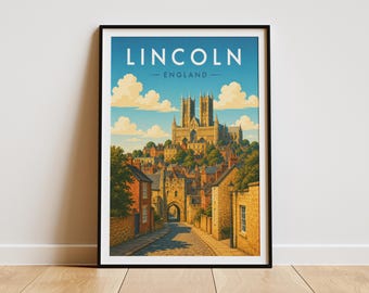 May include: Framed art print featuring a vintage-style illustration of Lincoln, England. The artwork depicts the city's cathedral and surrounding buildings under a blue sky with clouds. The word "LINCOLN" is at the top.