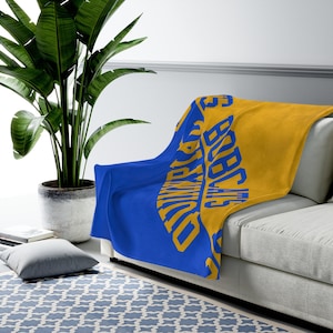 May include: A blue and gold blanket draped over a gray sofa. The blanket features the text "SUNRISE BABES" in a vertical design. A large green plant in a pot is visible in the background.