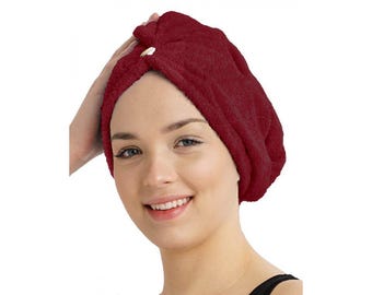 Turbante in spugna di capelli ad asciugatura rapida, color bordeaux.