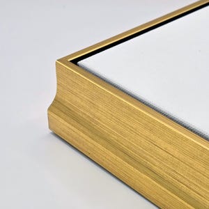 May include: Close-up of a gold-colored picture frame with a white canvas. The frame has a textured, brushed metal appearance. The canvas is stretched and secured within the frame, creating a clean, modern look.