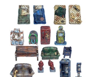 May include: A collection of miniature, hand-painted, detailed, and weathered models of various objects, including a bench, a couch, a phone booth, a fire hydrant, a jukebox, a vending machine, a gas pump, a mailbox, and a payphone. The models are made of resin and are perfect for use in tabletop games or dioramas.