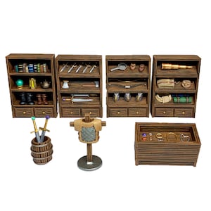 May include: Miniature wooden display of fantasy-themed items. Includes shelves with swords, axes, bows, armor, and other accessories. A barrel holds swords, and a display case holds rings and gems. The items are brown and tan.