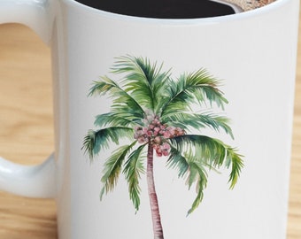 Single Palm Tree design on  Coffee mug, 11 oz. White Ceramic Cup. Perfect for home of office. Water color art Coconut tree