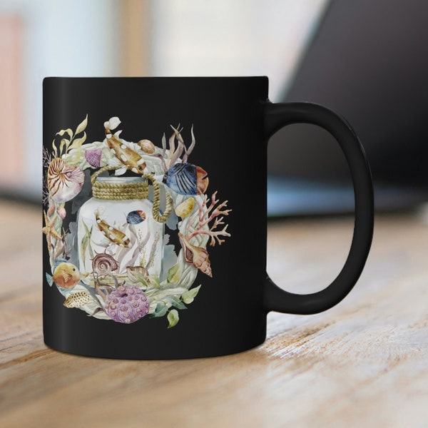 SeaLife in a Jar-on a Black 11 oz Coffee Mug, Life beneath the sea in an elegant watercolor design. Soon to be your favorite cup.