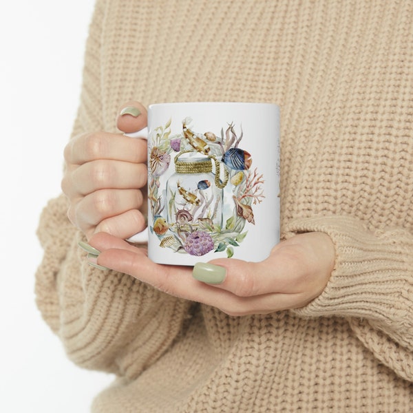 SeaLife in a Jar-on a white Coffee Mug, Life beneath the sea in an elegant watercolor design. Soon to be your favorite cup.