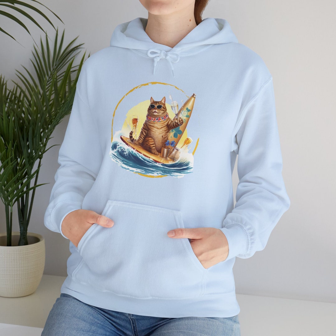 Fat Cat Surfing Hooded Sweatshirt Loving the Beach Life Gildan Unisex
