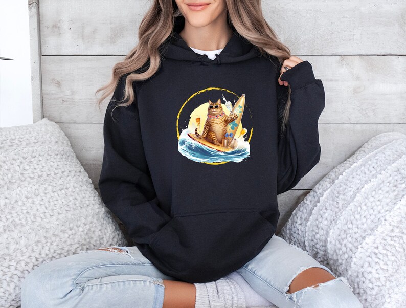 Fat Cat Surfing Hooded Sweatshirt Loving the Beach Life Gildan Unisex