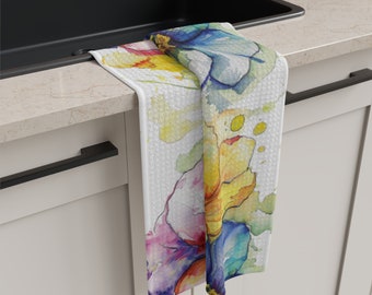 Flores de colores sobre toalla de cocina de microfibra. Toalla de mano de 16"x25". También es agradable en el baño/tocador. Añade un toque de color a la decoración.