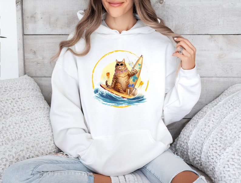 Fat Cat Surfing Hooded Sweatshirt Loving the Beach Life Gildan Unisex