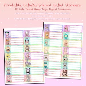Printable Labubu School Label Stickers – 28 Cute Pastel Name Tags, Digital Download