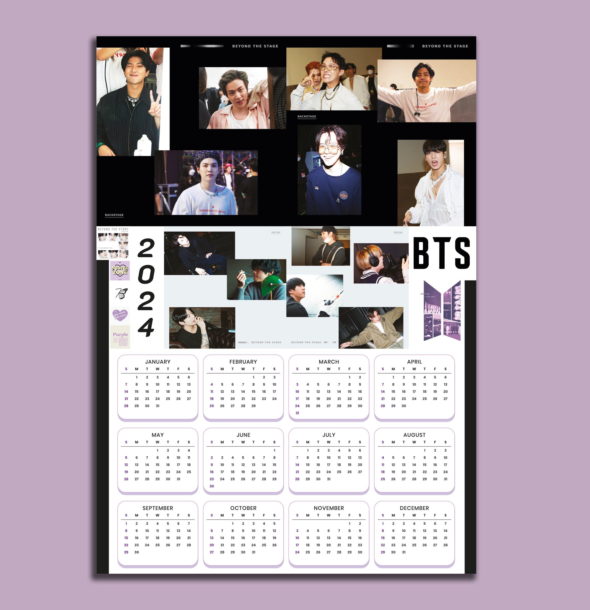 BTS Printable Calendar 2024 A4 Page Newyear Digital Download New Year