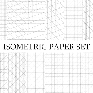 Puede incluir: Un conjunto de ocho patrones de papel cuadriculado isométrico. Los patrones son líneas negras sobre un fondo blanco. Los patrones están dispuestos en dos filas de cuatro. El texto "ISOMETRIC PAPER SET" está centrado debajo de los patrones.