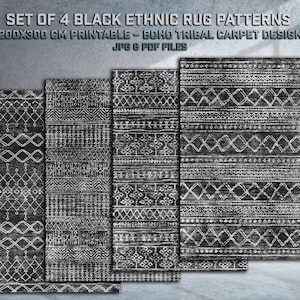 May include: Set of four black ethnic rug patterns with white tribal designs. The rugs are rectangular and feature various geometric and linear patterns. The text on the image reads "SET OF 4 BLACK ETHNIC RUG PATTERNS 200X300 CM PRINTABLE - BOHO TRIBAL CARPET DESIGN JPG & PDF FILES."