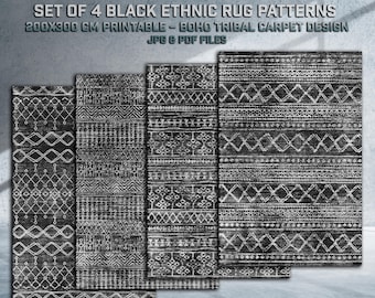 Digitales Ethnic Rug Design Set - 200 x 300 cm - Schwarze Stammesmuster - Druckbare JPG & PDF - Kommerzielle Nutzung