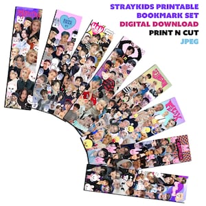 Peut inclure: Un ensemble de huit marque-pages imprimables mettant en scène différents membres du groupe de K-pop Stray Kids. Chaque marque-page est un collage de photos des membres du groupe, avec leurs noms imprimés en haut. Les marque-pages sont conçus pour être imprimés et découpés.