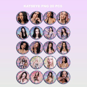 May include: A collection of 20 circular digital images featuring portraits of the members of the group Katseye. Each circular graphic is framed by a decorative border of small pink and blue flowers against a soft, light purple background.