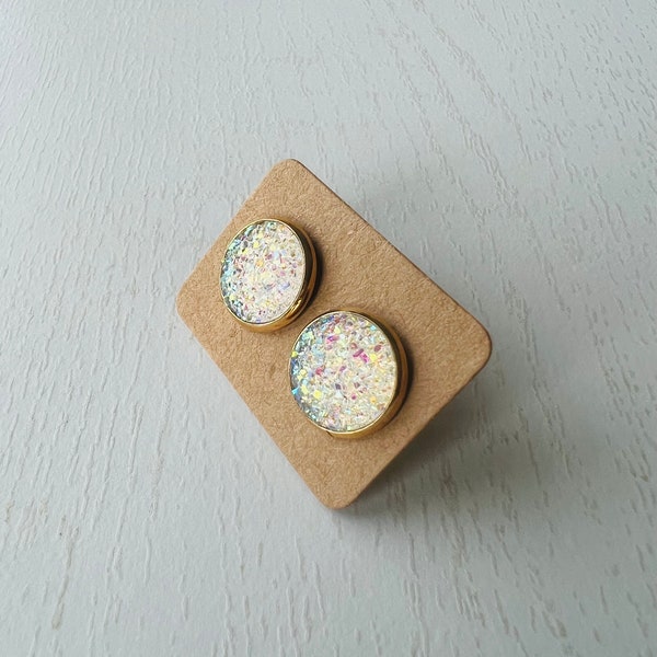 White pearl iridescent sparkly druzy on a gold colored bezel base stud earrings 12 mm