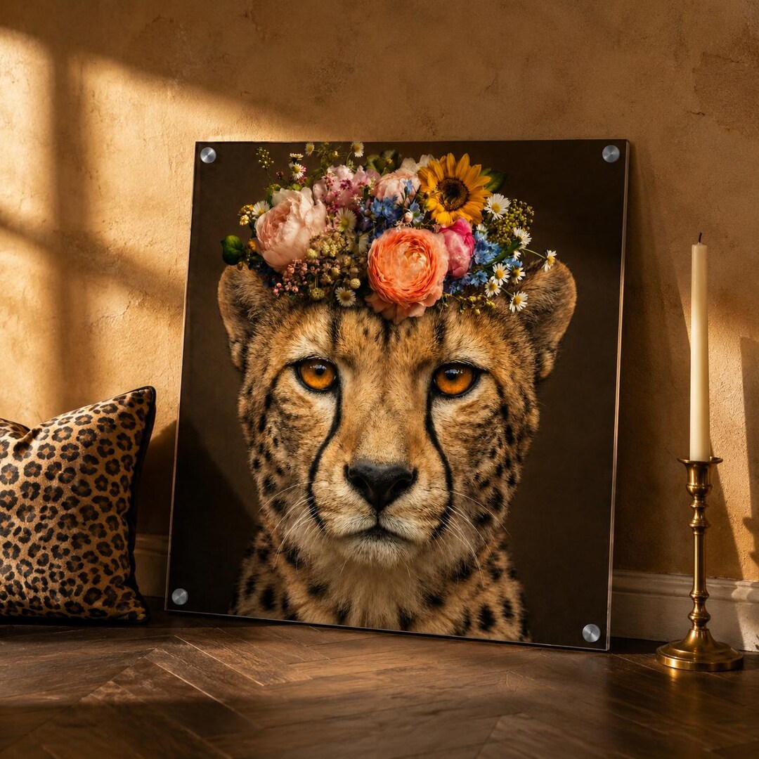 Cheetah Flower Crown Acrylic Wall Art, Luxury Floral Wildlife Portrait ...