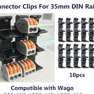 以下が含まれることがあります： 35mm DINレールに電気コネクタを取り付けるための黒いプラスチック製のクリップ10個。クリップはWago 222-412、222-413、222-415コネクタと互換性があります。