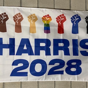 May include: White flag with a blue banner reading "HARRIS 2028". The banner is above a row of seven raised fists in different colours, including black, brown, tan, white, rainbow, red, and blue.