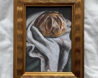 Loaf of Bread Still life Framed Fine Art Print | French Handmade Oil Painting for European Cottage Kitchen | Moody Housewarming Elegant Gift