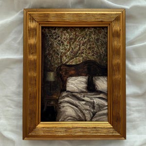 Impressão artística em aquarela original com cena de quarto emoldurada | Quarto francês vintage com atmosfera intimista | Decoração de parede vintage para uma manhã preguiçosa de domingo