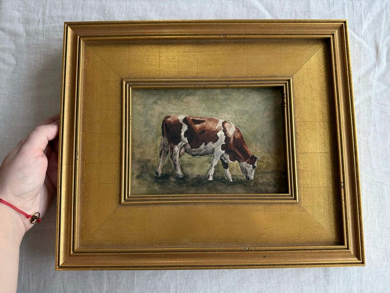 Cow Oil Painting Print | Rustic Farm Animal Wall Art | Vintage Style Framed Art | Farm Animals Lover Gift | Farmhouse Present Decor image 5
