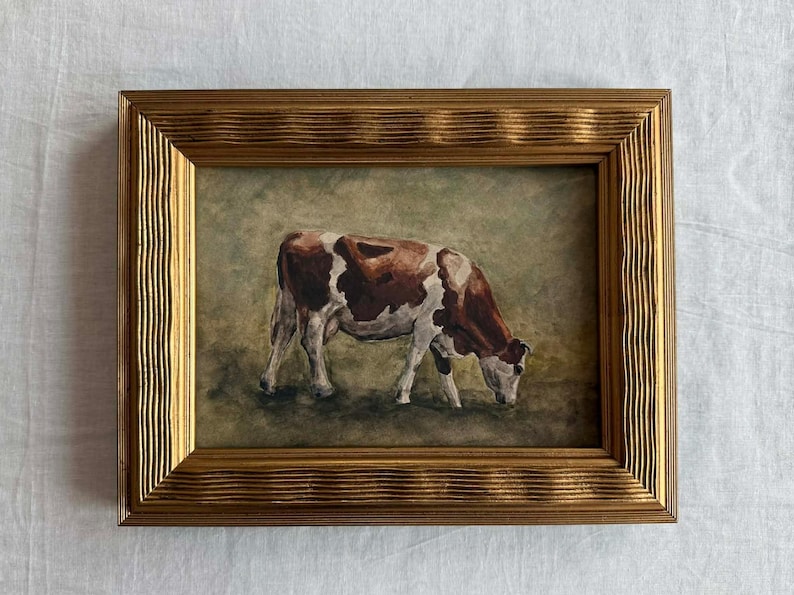 Cow Oil Painting Print | Rustic Farm Animal Wall Art | Vintage Style Framed Art | Farm Animals Lover Gift | Farmhouse Present Decor Louvre Frame