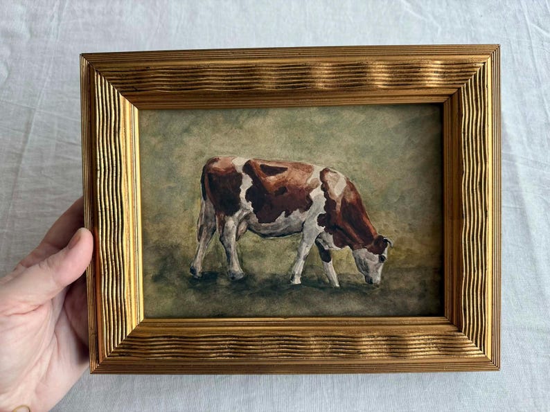 Cow Oil Painting Print | Rustic Farm Animal Wall Art | Vintage Style Framed Art | Farm Animals Lover Gift | Farmhouse Present Decor image 2