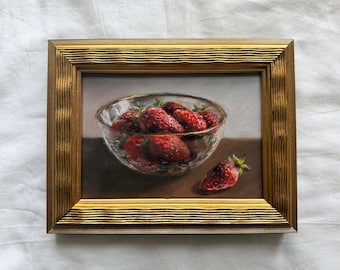 Strawberries Still Life Print | Vintage Style Kitchen Wall Art | Framed Fruit Painting | Moody Fine Art Print