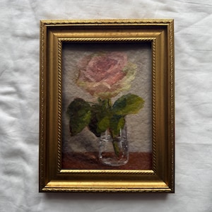 Stampa ad olio di una rosa rosa senza cornice - Arte floreale vintage calda, natura morta con fiori in vaso, elegante decorazione per la casa, arredamento francese