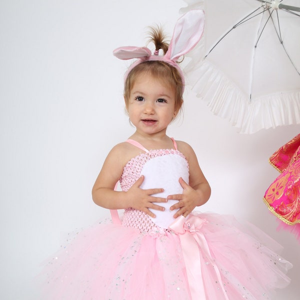 Déguisement petit lapin, une robe tutu bébé et fillette en tulle blanc et rose