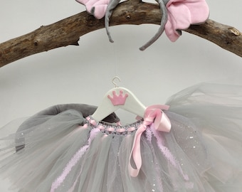 Déguisement éléphant  bébé et fillette, jupe tutu gris et rose avec serre-tête éléphant, cadeau anniversaire, Halloween, carnaval, Noël.