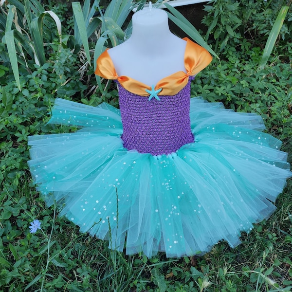 Robe tutu petite sirène, déguisement bleu, mauve et orange pour bébé et fillette, cadeau de Noël enfant