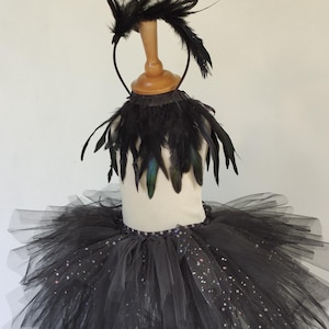 Black swan child costume, bird tutu, black feather collar and headband, Halloween costume, carnival, party tutu, gift