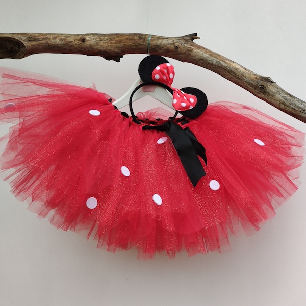 Déguisement bébé petite souris, tulle rouge à pois blanc et serre-tête. Costume Halloween, tutu premier anniversaire, cadeau de Noël bébé