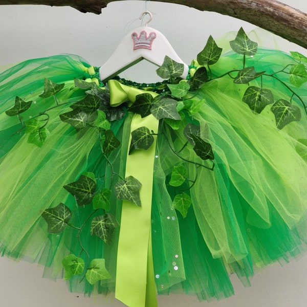 Jupe tutu de fée verte, costume fée de la forêt avec du lierre, déguisement enfant, Halloween, carnaval, jour de fête.