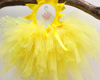 Sun costume for baby, shimmering yellow tutu with headband, birthday outfit, Halloween or carnival costume, baby Christmas gift