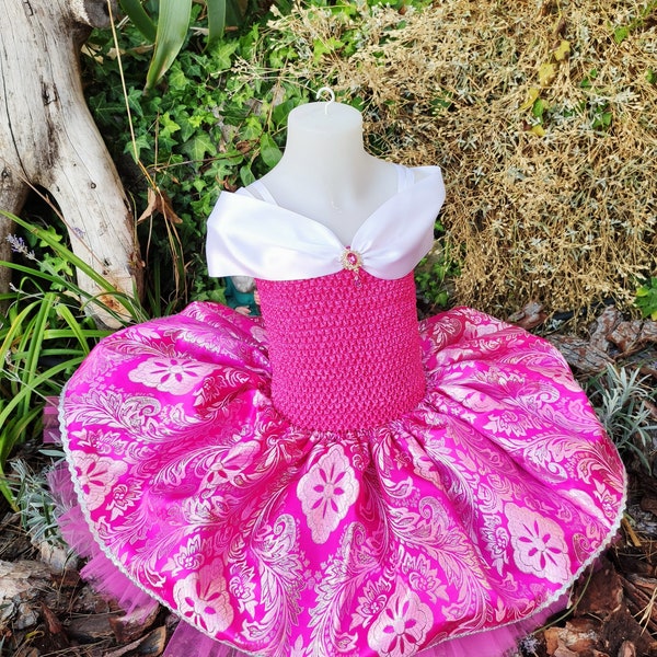 Robe de princesse La belle au bois dormant, robe tutu fille en tulle et brocart fuchsia