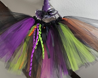 Tutù da strega, gonna tutù in tulle nero, arancione, verde e viola, costume di Halloween, carnevale, compleanno in costume da bambino