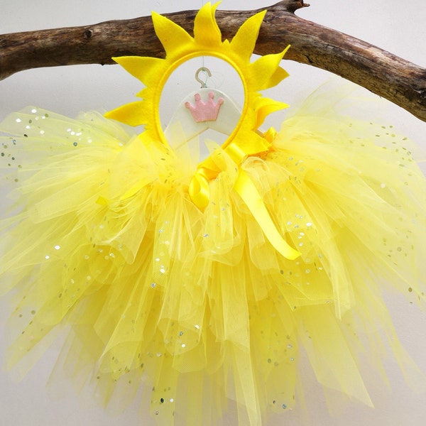 Costume soleil enfant, jupe tutu jaune scintillant avec serre-tête, tenu d'anniversaire, costume Halloween ou carnaval, cadeau enfant Noël.