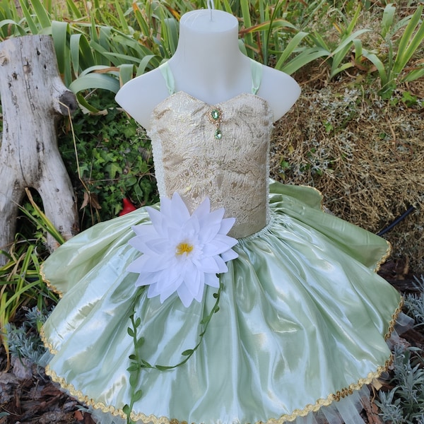 Robe de princesse Tiana pour enfant et bébé en tulle vert et doré