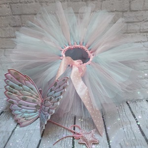 Fairy costume, children's tutu skirt in pastel colors, pink and blue tulle, fairy wings. Birthday tutu, carnival costume