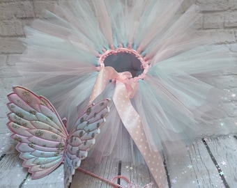Fairy costume, pastel-colored tutu skirt for children, fairy wings. Birthday tutu, carnival costume