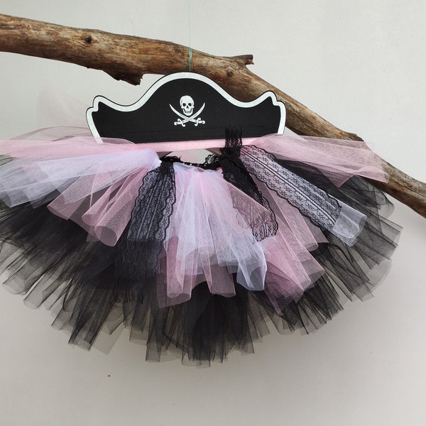 Déguisement enfant, jupe tutu fille petite pirate en tulle rose et noir, tutu d'anniversaire, costume Halloween ou carnaval, tutu de fête.