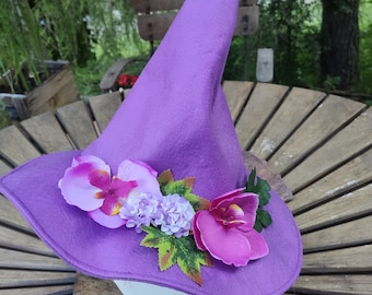 Purple felt fairy hat with flowers child or adult hat, Halloween, party accessories, felt hats,